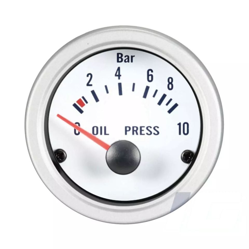 Sensörlü 52mm Yağ basınç göstergesi 0-10Bar, Beyaz Yüz veBeyaz Rim