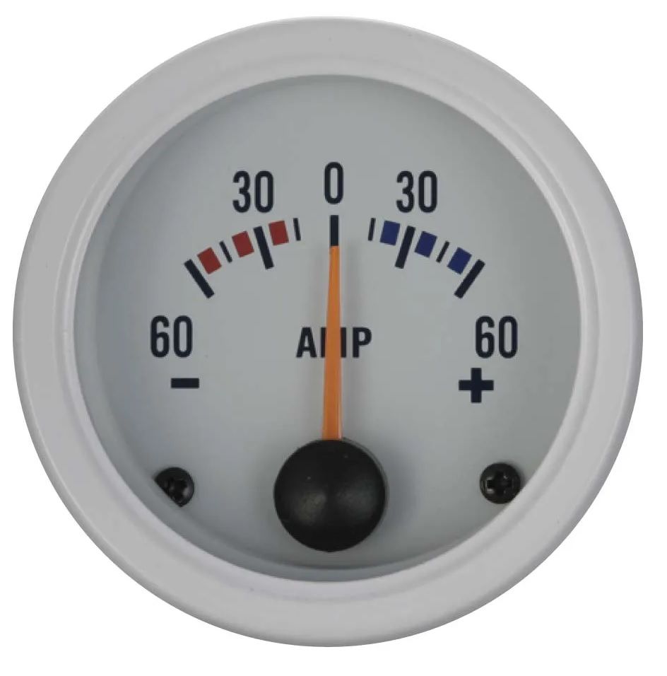 52mm AMP Ölçer 60A Beyaz Yüz ve Beyaz Rim (Paslanmaz + su geçirmez)
