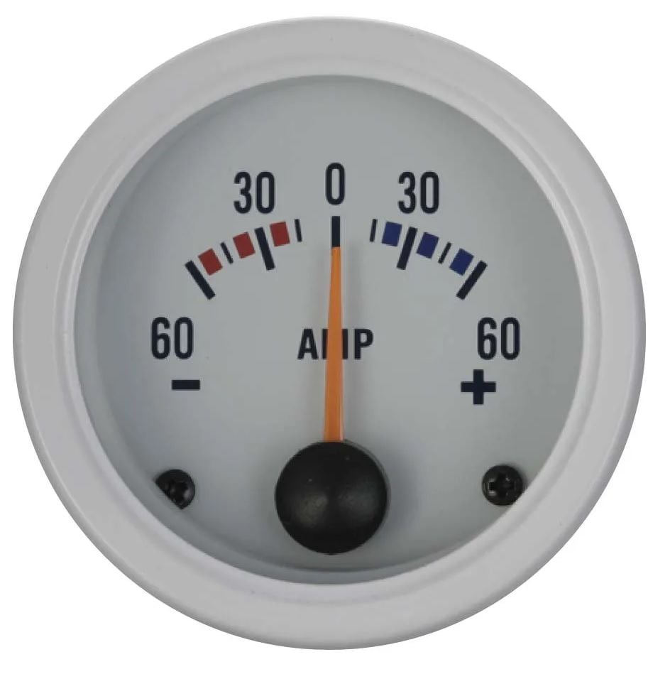 52mm AMP Ölçer 60A Beyaz Yüz ve Beyaz Rim (Paslanmaz + su geçirmez)